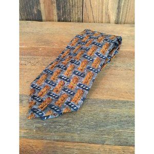ERMENEGILDO ZEGNA LUXURY SILK TIE BLUE GOLD Gray GEOMETRIC LEAF Branch Italy EUC